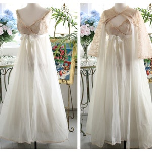 jaren 1950 zachtblauwe peignoir set/imperium taille babydoll nachtjapon lange kamerjas bell mouwen gelaagde cottagecore melkmeisje boog jurk gewaad