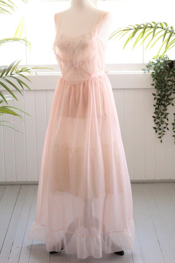 1960s soft chiffon lace blush pink maxi nightgown… - image 4