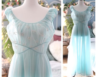 1950s soft blue grecian nightgown / cap sleeve empire waist criss cross floral embroidery negligee princess lingerie gown slip dress nightie