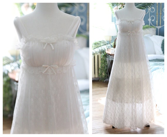 1960s white empire waist princess nightgown / bridal … - Gem