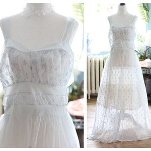 1950s cinderella blue embroidered nightgown / semi sheer ruched negligee dress lingerie cottagecore gown princess slip regency Old Hollywood
