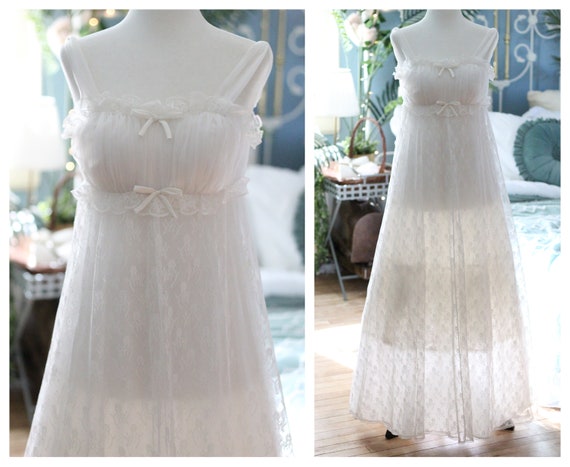 1960s white empire waist princess nightgown / bridal … - Gem