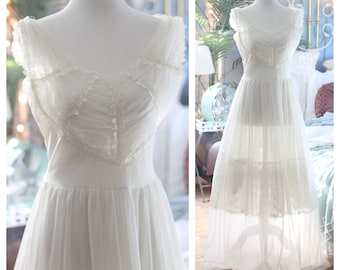 1950s white empire waist embroidered ruched nightgown / regency cap sleeve long dress lingerie gown honeymoon negligee a line nightdress
