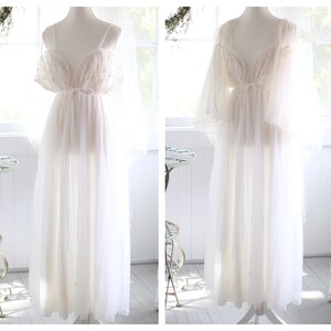 1960s White Ruched Empire Waist Peignoir Set Regency Nightgown