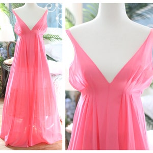 1960s hot pink empire waist nightgown / babydoll nightie Old Hollywood lingerie regency negligee dress gown mod long ruched v neck slip gogo