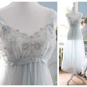 1950s empire waist soft blue nightgown / floral embroidery sweeping negligee babydoll princess lingerie gown slip dress cottagecore nightie