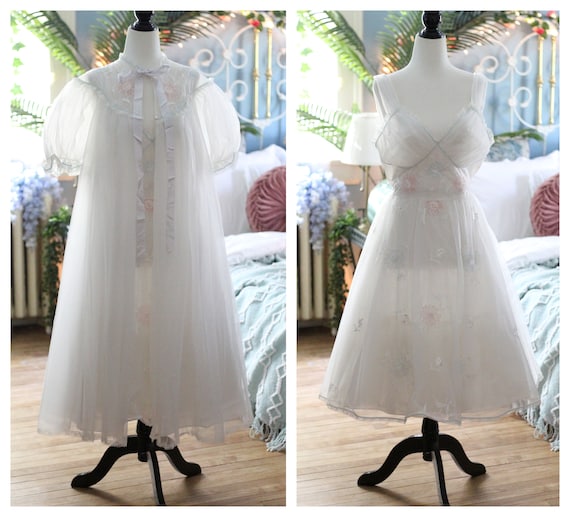 1950s Fluffy White Pastel Babydoll Peignoir Set Nightgown Robe Cover up Negligee Dress Lingerie Gown Old Hollywood Glam Nightie Floral Etsy Australia