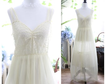 1960s soft yellow semi sheer nightgown / long accordian pleated maxi slip dress lace bodice ruched gown lingerie cottagecore negligee nighty
