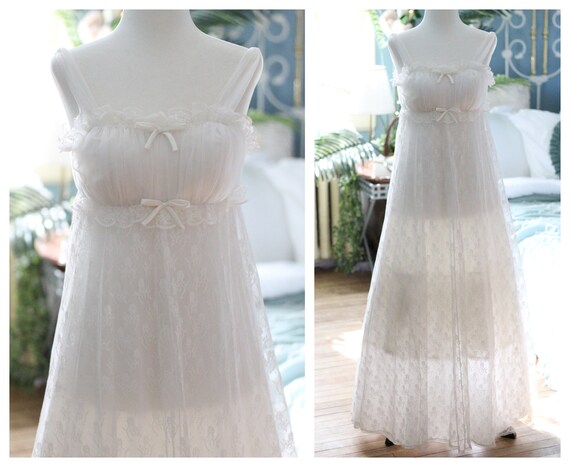 1960s white empire waist princess nightgown / bridal … - Gem