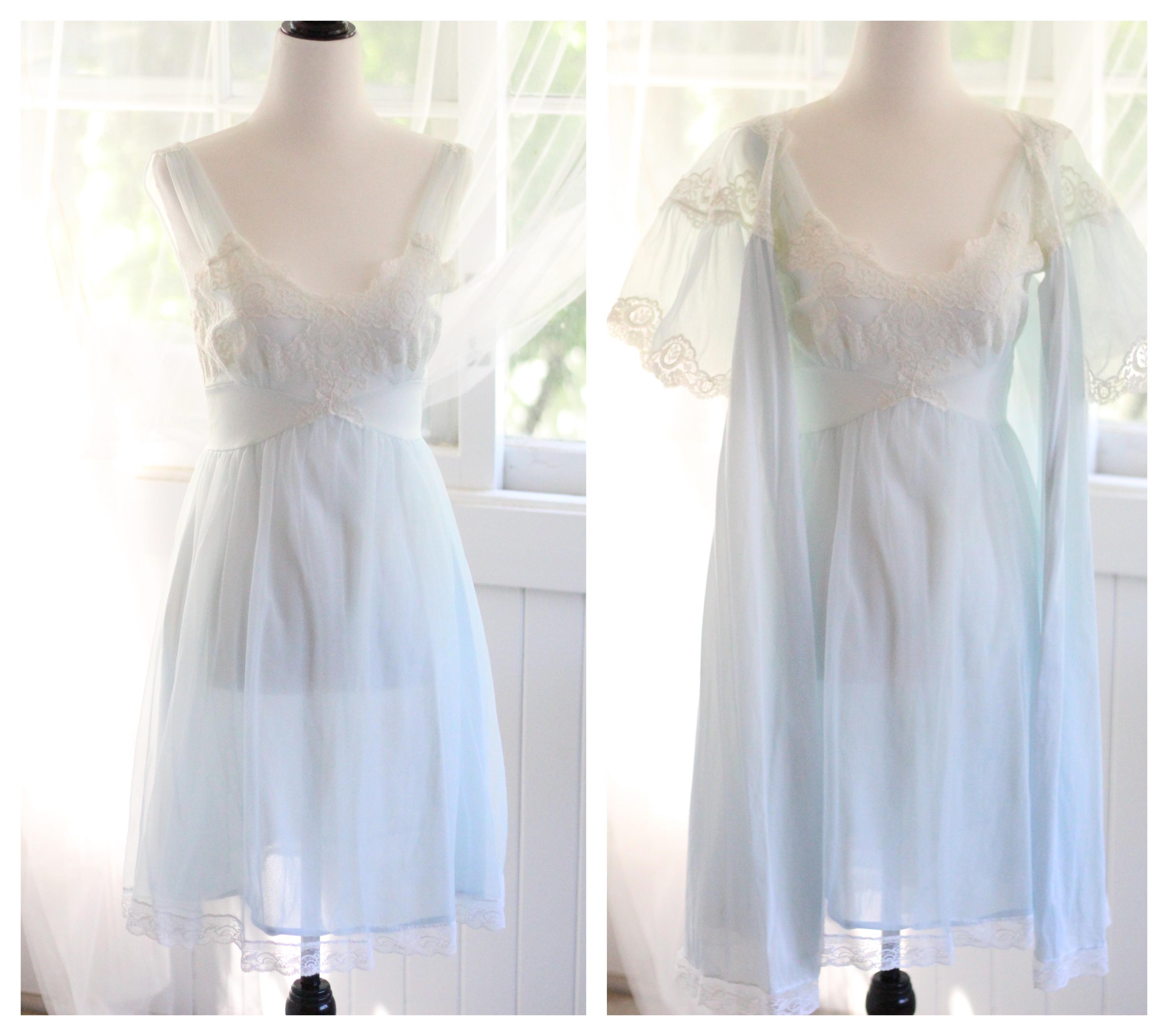 1960s soft blue & white empire waist babydoll set / nightgown layered nightie puffy sleeve robe mini short negligee lingerie dress gown slip