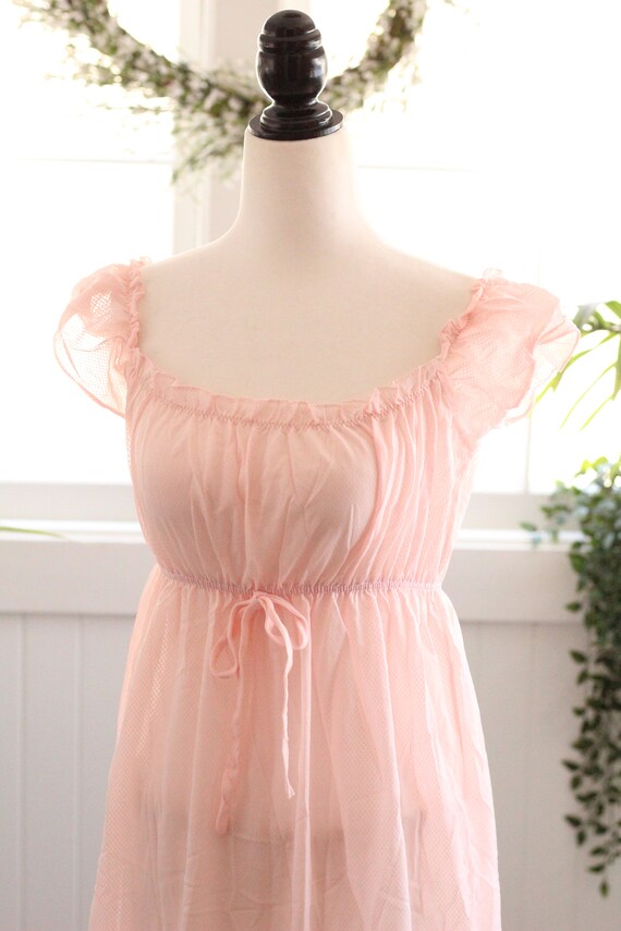 1960s Pink Flutter Sleeve Ruffle Long Nightgown Babydoll 