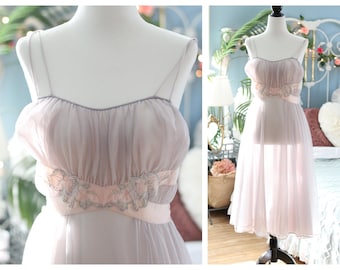 1950s Eyeful by Ruth Flaum lilac purple ruched princess nightgown / empire waistline criss cross grecian negligee lingerie dress gown slip