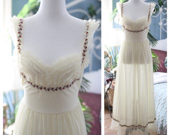 Camisón de lechera Kayser Bondor de los años 50, color amarillo suave / corpiño tipo princesa campesina, vestido estilo dirndl Gunne Sax, lencería, bata con volantes