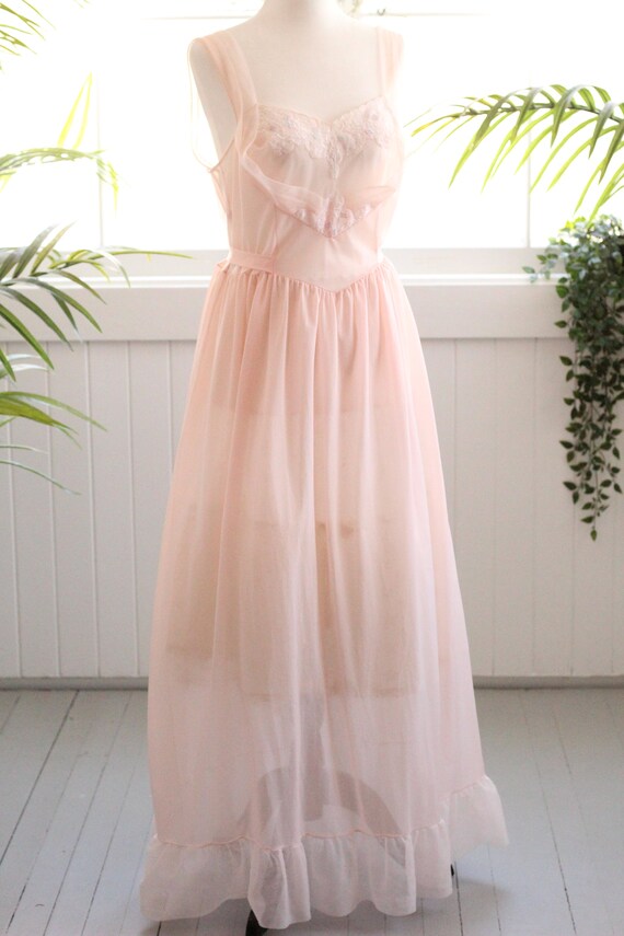1960s soft chiffon lace blush pink maxi nightgown… - image 7