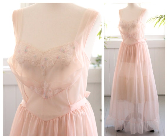 1960s soft chiffon lace blush pink maxi nightgown… - image 1