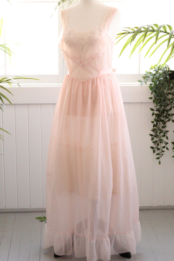 1960s soft chiffon lace blush pink maxi nightgown… - image 10