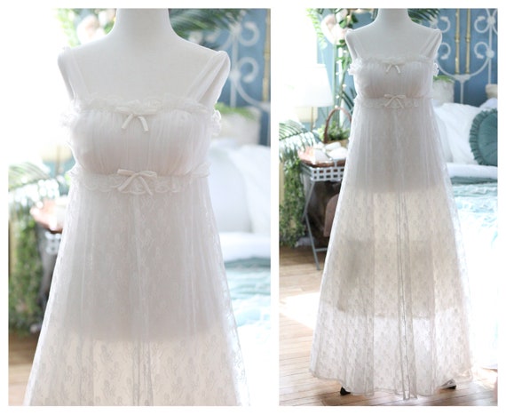 1960s white empire waist princess nightgown / bridal … - Gem