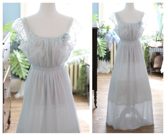 1960s cinderella blue semi sheer nightgown / princess lingerie dress slip gown puffy cap sleeve negligee milkmaid peasant grecian nightie