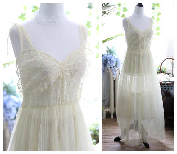 1960s soft yellow semi sheer nightgown / long acc… - image 3