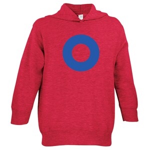 May include: Red hooded sweatshirt with a blue circle design.