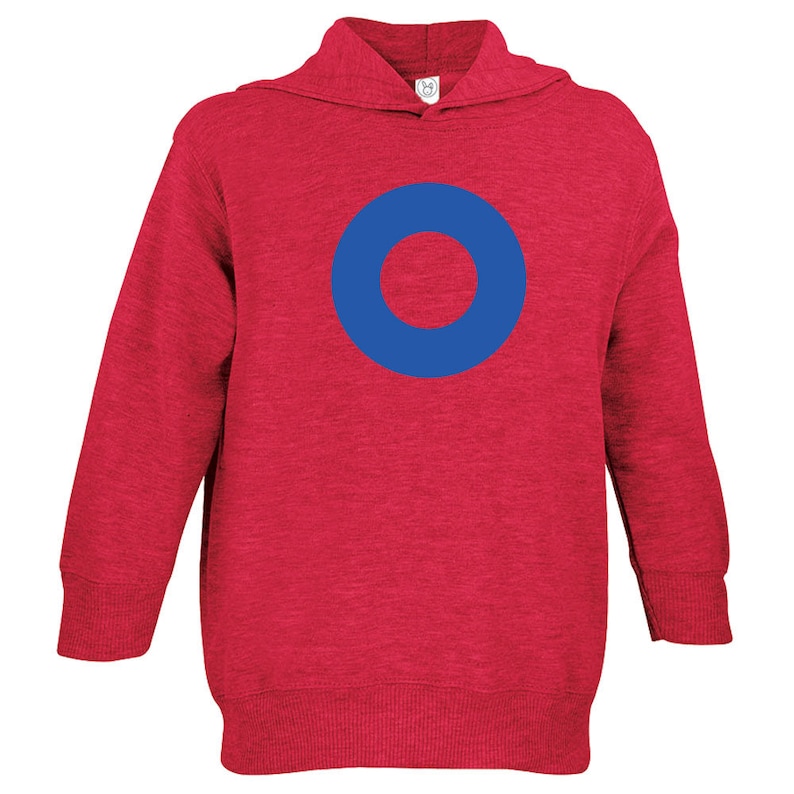 May include: Red hooded sweatshirt with a blue circle design.