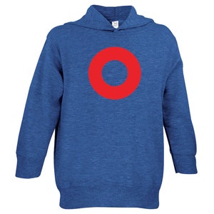 May include: A blue hooded sweatshirt with a large red circle on the front.