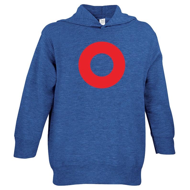 May include: A blue hooded sweatshirt with a large red circle on the front.