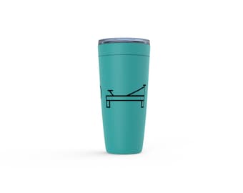May include: A teal blue travel mug with a black silhouette of a Pilates reformer.