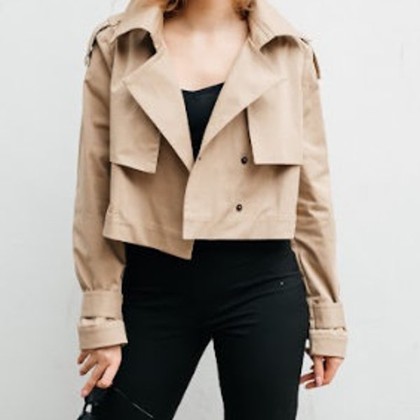 Trench, trench court, trench-coat, veste de printemps, trench-coat de printemps, veste d'automne, trench court beige pour femme, trench court