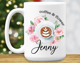 Floral Coffee Mug, Custom Name Gifts for Women, Girls, Coffee Lovers Cup, Birthday Gifts, Flower Camera Cup, Gift ideas, Personalized Gifts