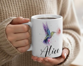 Custom Hummingbird Mug for Bird Lovers, Personalized Name Gift for Women, Floral Bird Coffee Cup, Birthday Gift for Mom