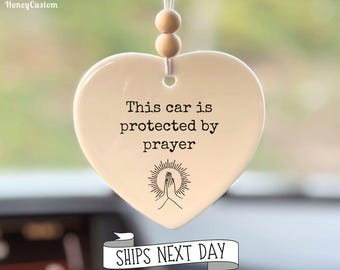Christian Rearview Mirror Charm, &quot;This Car is Protected by Prayer&quot; Ceramic Car Charm, Faith-Based Car Accessories, Religious Gift for Driver
