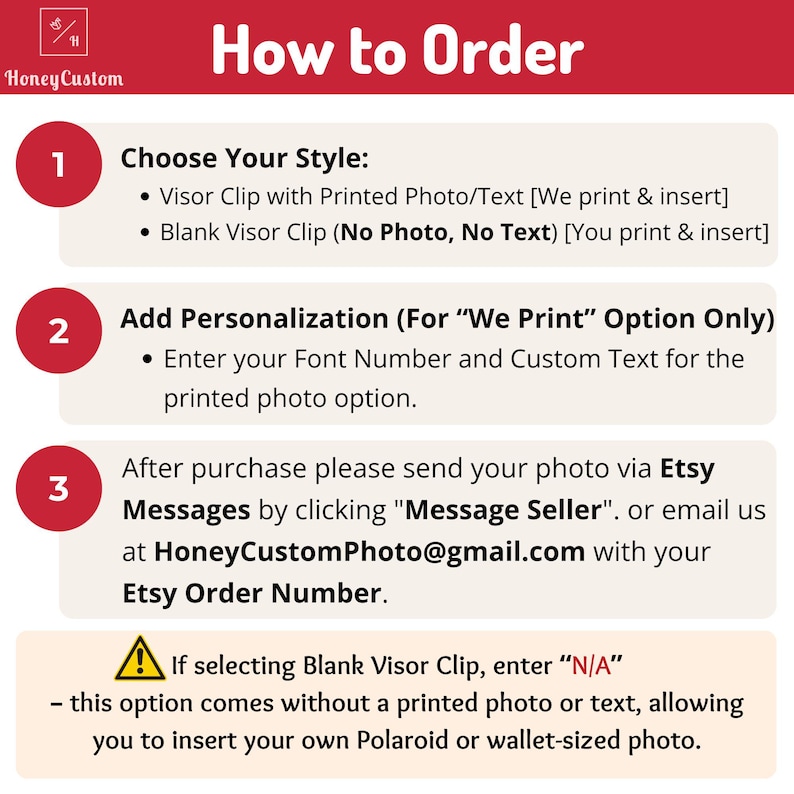 The image is a step-by-step guide on how to order a custom vison clip, providing instructions on how to customize the vison clip based on the user's preferences.
