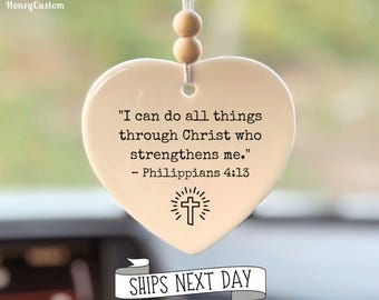Christian Rearview Mirror Charm, Philippians 4:13 Bible Verse, Faith Car Accessory, Inspirational Gift, Religious Car Decor, Ceramic Heart
