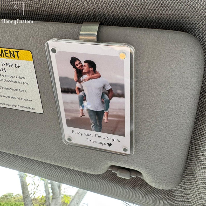 Personalized Long Distance Gift for Him or Her – Custom Photo Car Visor Clip, Drive Safe Gift, Anniversary Gift for Boyfriend, Couple Gift