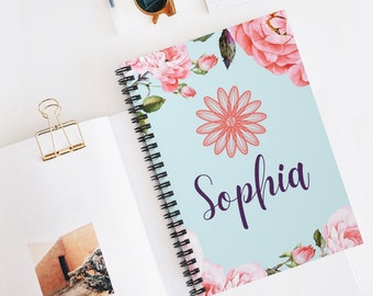 Personalized Spiral Notebook, Custom Name Spiral Notebook, Travelers Notebook, Flower Notebook, Back to School Gift, Kawaii Spiral Notebook