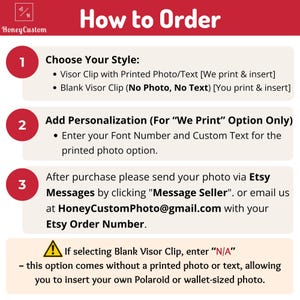 The image is a step-by-step guide on how to order a custom vison clip, providing instructions on how to customize the vison clip based on the user's preferences.