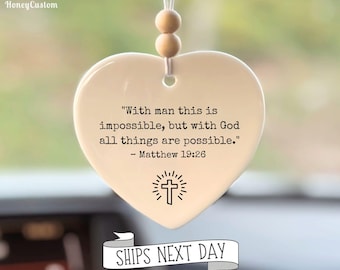 Christian Car Charm, Bible Verse Rearview Mirror Hanging, Faith Gift, Religious Car Accessory, Matthew 19:26, Inspirational Auto Decor