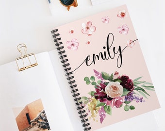 Custom Flower Notebook, Personalized Custom Name Floral Spiral Notebook, Travelers Notebook, Gifts for Women, Gift for Her, 8"x6"