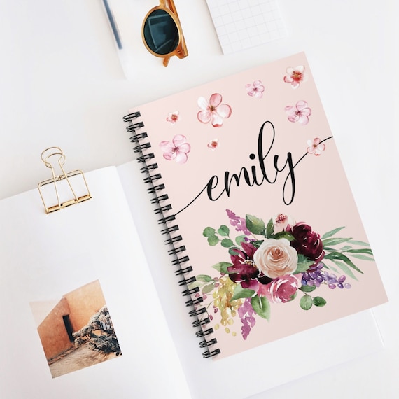Spiral Notebook, Custom Floral Journal - Personalized Name, Ruled Paper, Interior Pocket, 120 Pages, 8"x6