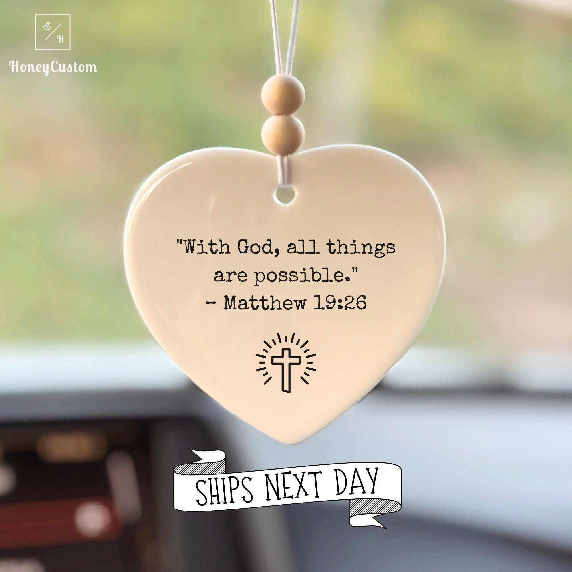 Christian Rearview Mirror Charm - Bible Verse Car Charm - Matthew 19:26 - Inspirational Faith Gift - Religious Car Accessory - Car Decor