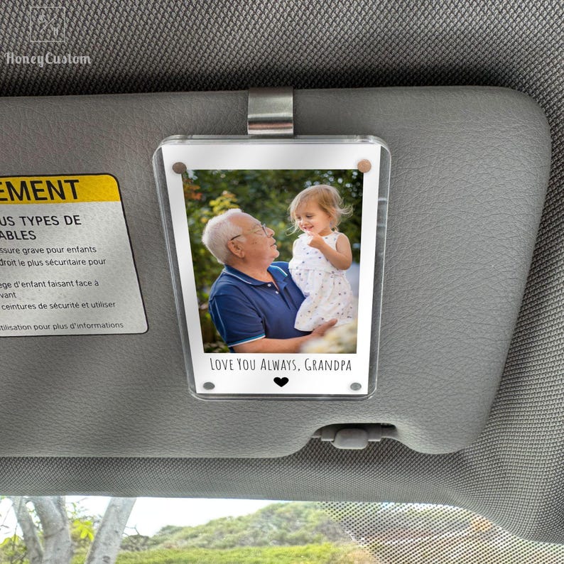 Grandpa Gifts Car Visor Clip, Custom Photo Frame for Grandpa Birthday Gift for Him, Personalized Father’s Day Gift, New Grandpa Gift
