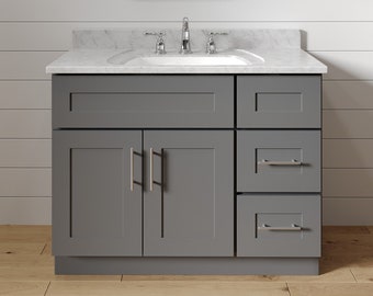 36 Inch Grey Shaker Single Sink Bathroom Vanity with Drawers on the Right, Bathroom Furniture - 36" W x 34.5" H x 21" D