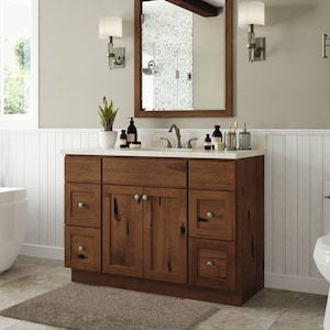Rustic Shaker Bathroom Vanity 48 Inch w/ Flat Slab Drawer Fronts, Brown Bath Cabinet, Single Sink Vanity, Solid Wood Vanity Furniture