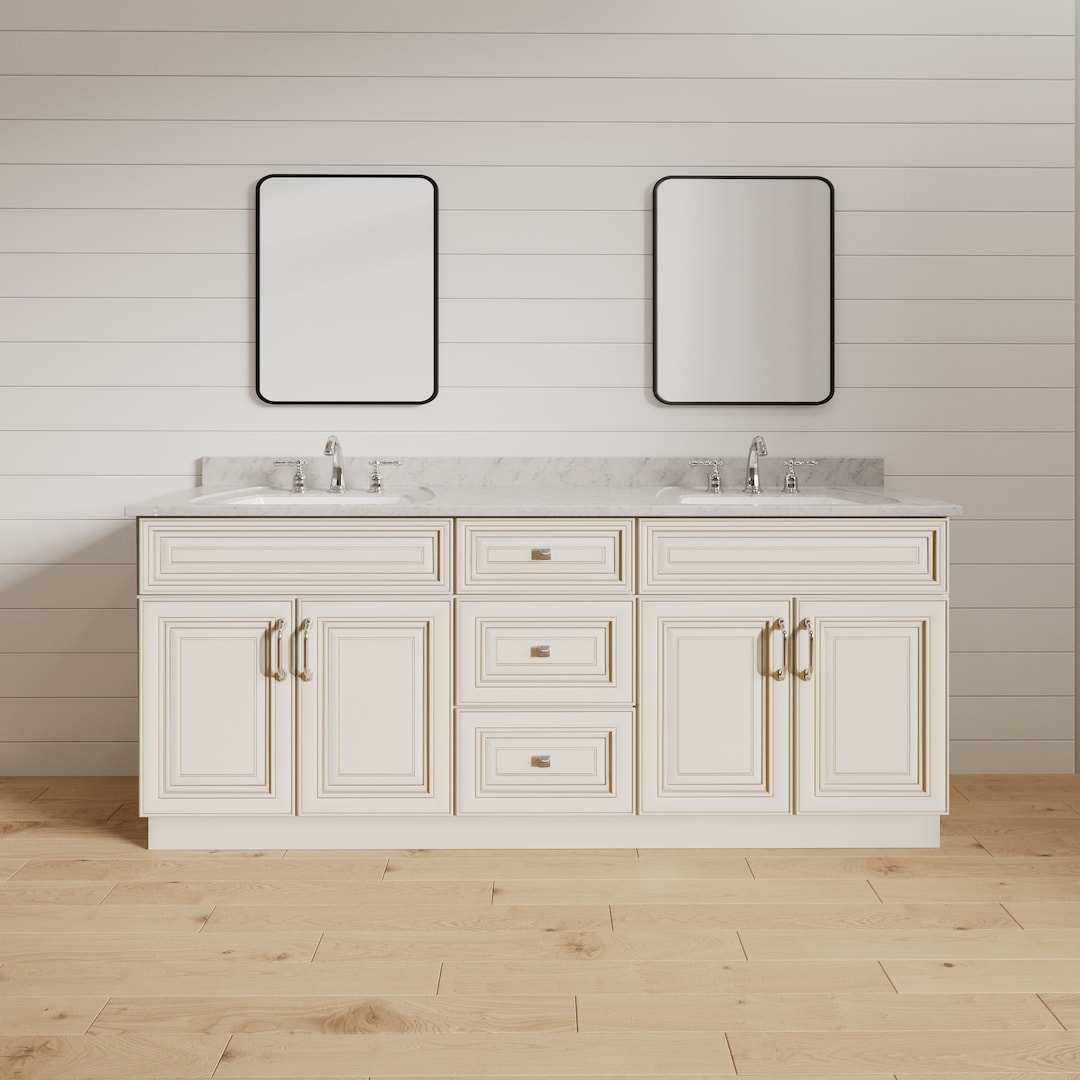 60 Inch Antique White Raised Panel Bathroom Vanity for Double Sink, Bathroom Furniture With ...