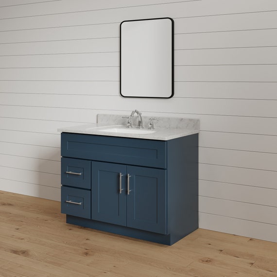  LAKIQ Tocador de baño triangular con lavabo esquinero, gabinete  de almacenamiento de baño pequeño con puerta (fregadero y grifo azul, 16.5  pulgadas de largo x 16.5 pulgadas de ancho x 29.5