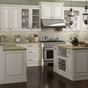 Antique White Kitchen Cabinets, Traditional Decorative Raised Panel Doors, Solid Wood Cabinet, Free Quote