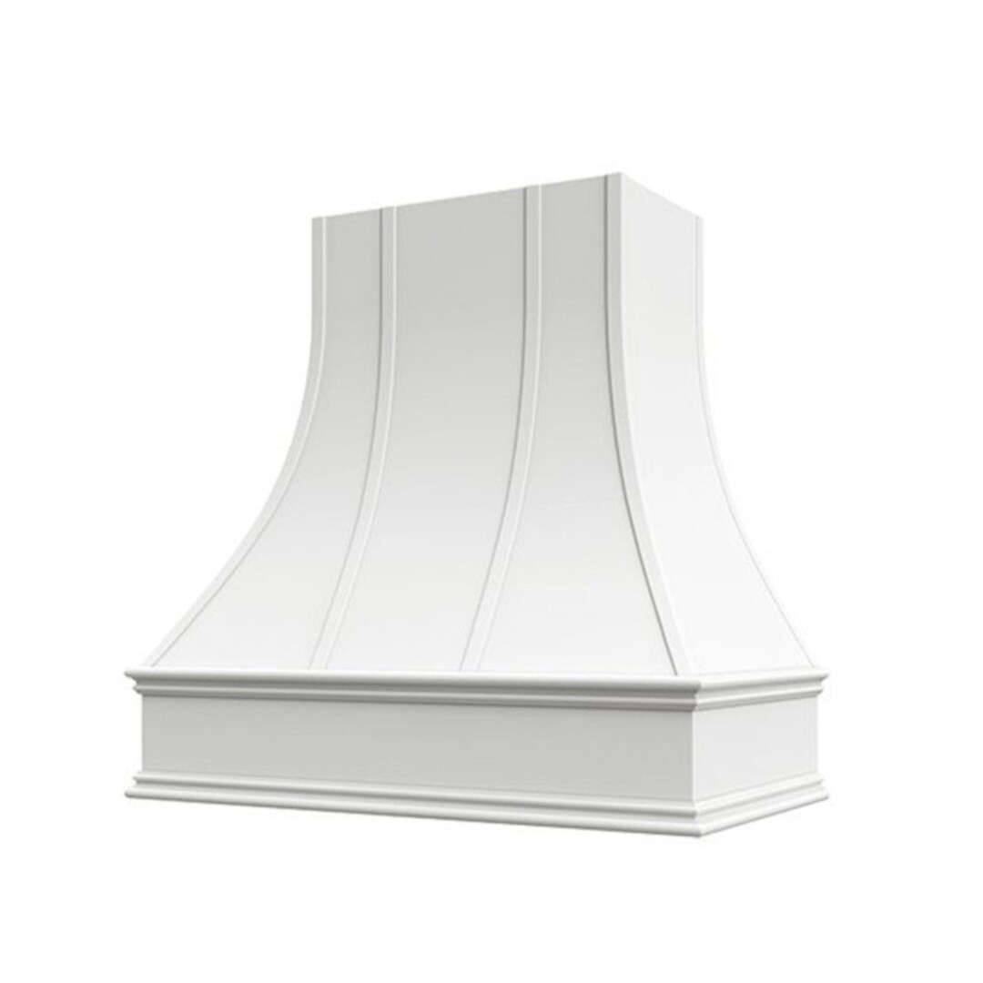 White Wood Range Hood Curved Front With Strapping and Decorative