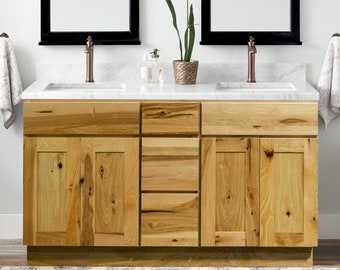 60" Hickory Bathroom Vanity - Rustic Country Cabinets - 60 Inch Double Sink Base Vanities - Linen Closets, Drawer Bases and Wall Cabinets