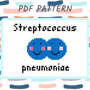 May include: A cross-stitch pattern featuring a cartoon illustration of two blue Streptococcus pneumoniae bacteria with smiling faces and pink cheeks. The text "Streptococcus pneumoniae" is above the bacteria and the text "pneumoniae" is below.